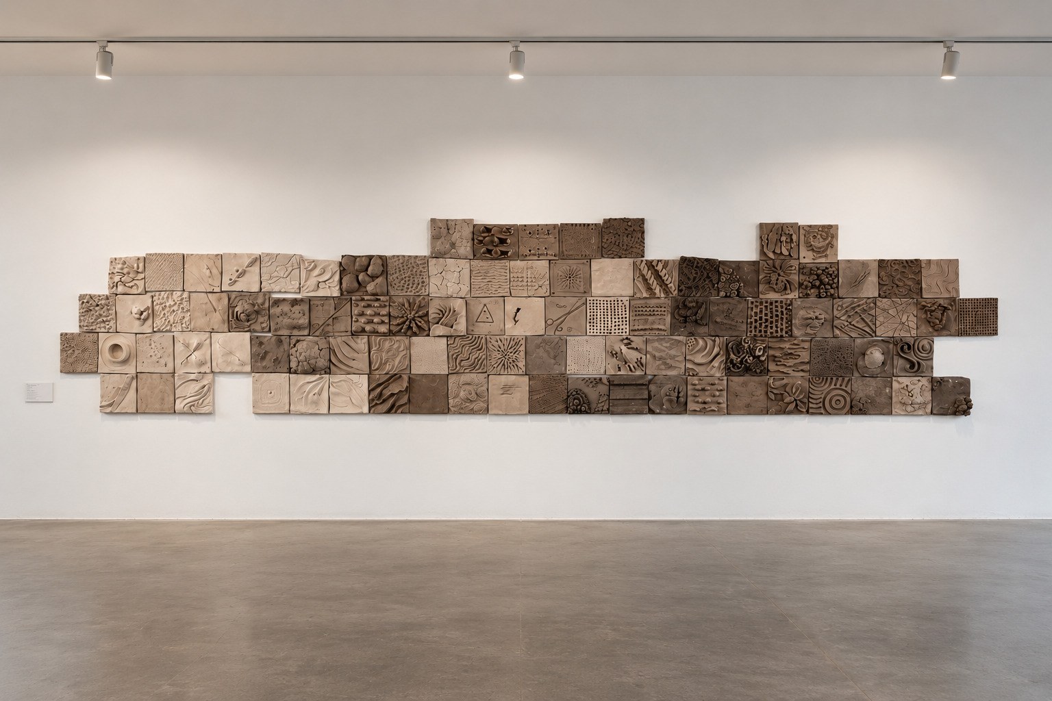 La terre, le paysage, nous, 2026 — Wall of ceramic plates with unique textures and glazes · variable dimensions — Gaspar Aveta